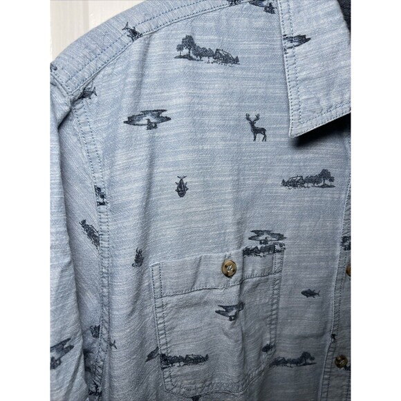 Outdoor Life Chambray Blue Deer Fish Print Button Up Shirt XXL Short Slv Cotton - Picture 2 of 8
